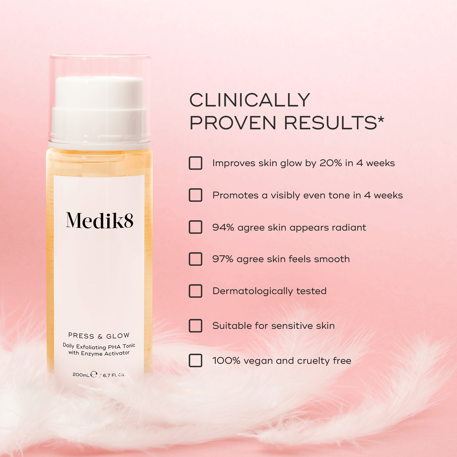 A Medik8 Press & Glow Refill™ bottle on a pink background touts benefits like enhanced skin glow, even tone, smoothness, and gentle exfoliation with poly hydroxy acids ideal for sensitive skin.