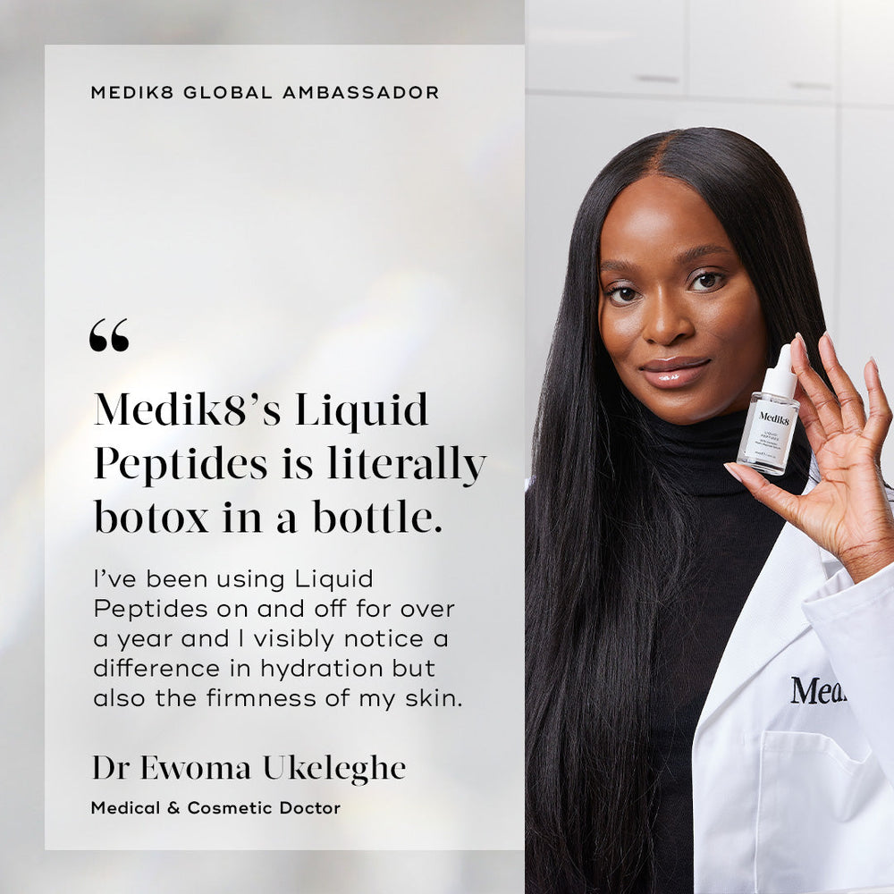 A woman in a lab coat holds a bottle of Liquid Peptides™ by Medik8, praising its hydrating effects and noticeable improvement in skin firmness, effectively targeting deep wrinkles.
