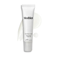 The Medik8 Blemish SOS™ tube is displayed on a white background, emphasizing its potent blemish treatment. Next to it, a sample of the rapid-action salicylic acid gel illustrates the 15ml (0.5 fl. oz.) tube