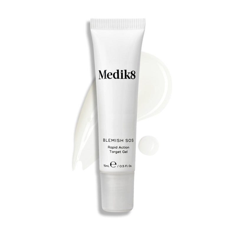 The Medik8 Blemish SOS™ tube is displayed on a white background, emphasizing its potent blemish treatment. Next to it, a sample of the rapid-action salicylic acid gel illustrates the 15ml (0.5 fl. oz.) tube's promise for quick results.