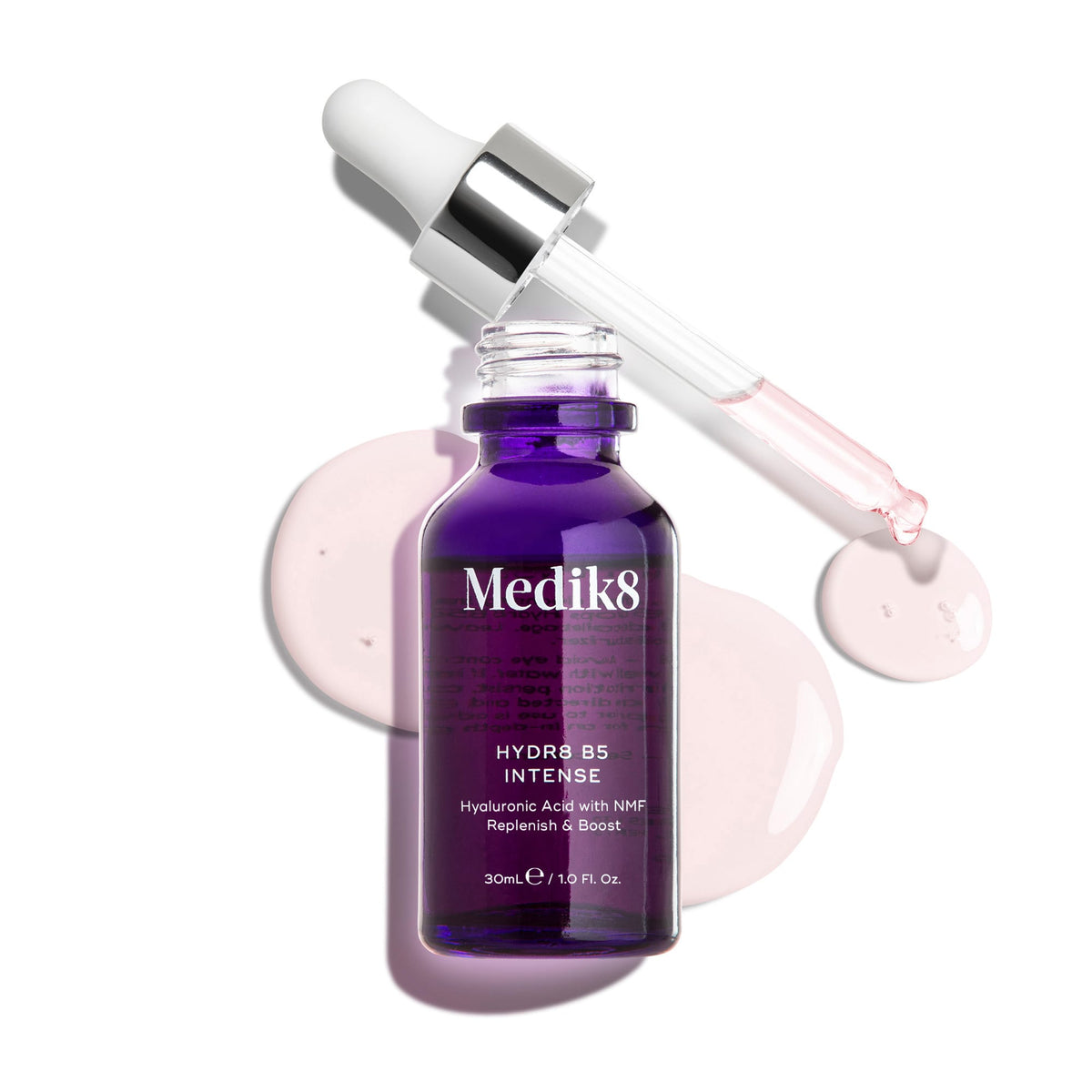 A purple bottle of Medik8's Hydr8 B5™ Intense serum, featuring a pipette and drops against a white background, delivers superfood antioxidants for ultimate skin rehydration.