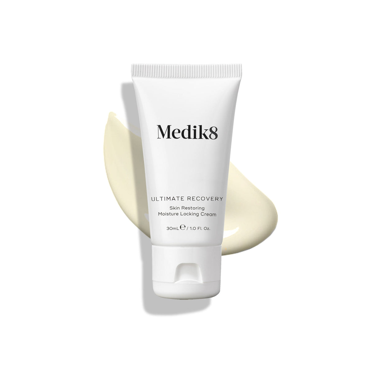 A 30ml white tube of Medik8 Ultimate Recovery™ cream rests on a cream smear against a white background, designed to restore compromised skin to its optimal state.