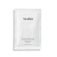 The Medik8 Ultimate Recovery™ Bio-Cellulose Mask, perfect for sensitive skin, provides intense hydration and soothing benefits. This 30g (1 oz) hydrating mineral sheet mask features sleek white packaging with bold black text.