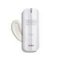 A white bottle of Medik8 r-Retinoate® Day & Night cream, containing retinyl retinoate and vitamin A, comes with a pump dispenser and is pictured next to a swirl of the anti-aging serum.