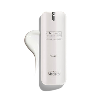 A white bottle labeled "r-Retinoate® Day & Night Eye Serum" by Medik8 is shown with a small amount dispensed beside it, promising to reduce fine lines and wrinkles for youthful skin.