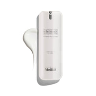 A white bottle labeled "r-Retinoate® Day & Night Eye Serum" by Medik8 is shown with a small amount dispensed beside it, promising to reduce fine lines and wrinkles for youthful skin.
