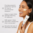 A woman smiles as she applies Medik8's Advanced Day Ultimate Protect™, a moisturizer SPF 50+ sunscreen. It offers UV protection, DNA repair enzyme benefits, a moisturizing feel, and a non-comedogenic finish that smooths fine lines.