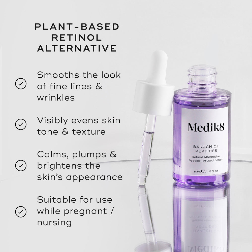 A purple bottle of Medik8's Bakuchiol Peptides™ serum with a dropper highlights its age-defying benefits. As an alternative to vitamin A, it's ideal for pregnant or nursing individuals aiming for youthful skin.