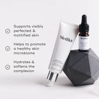 A Medik8 dropper bottle and a Balance Moisturiser™ tube sit beside a geometric object on a light background, highlighting benefits: mattified skin, healthy microbiome, and complexion hydration for an enhanced glow.