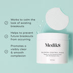 Medik8's Blemish Control Pads™ contain salicylic acid and are packaged to highlight their benefits: calming current breakouts, preventing future ones, and promoting a clear complexion.