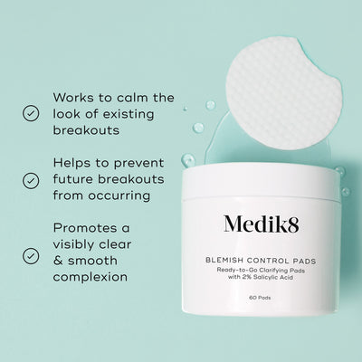 Medik8's Blemish Control Pads™ contain salicylic acid and are packaged to highlight their benefits: calming current breakouts, preventing future ones, and promoting a clear complexion.