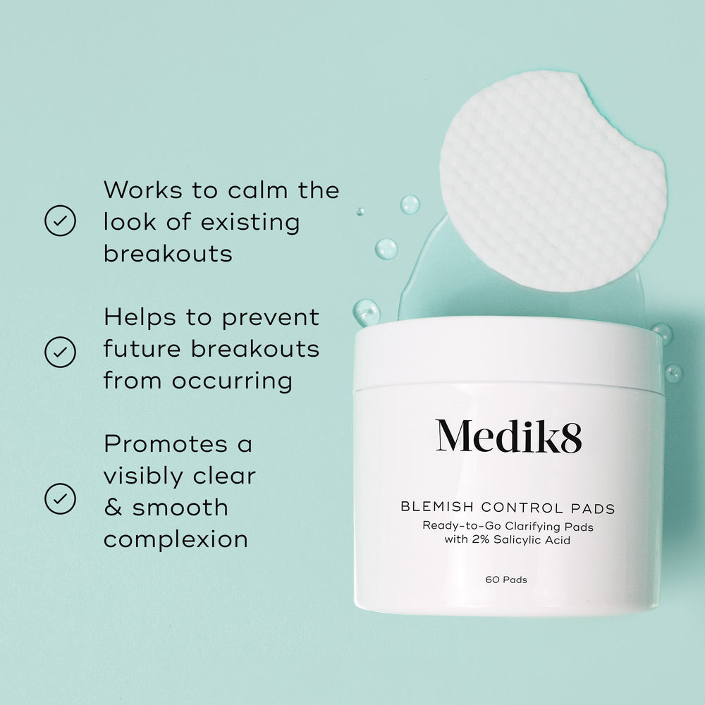 Medik8's Blemish Control Pads™ contain salicylic acid and are packaged to highlight their benefits: calming current breakouts, preventing future ones, and promoting a clear complexion.