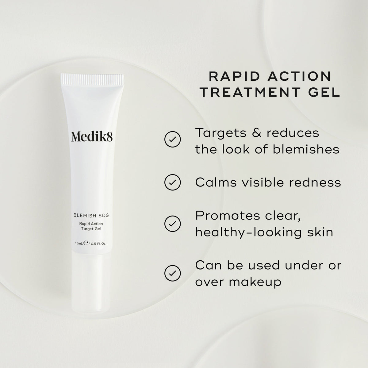 Medik8's Blemish SOS™ gel targets blemishes, calms redness, and promotes healthy skin. Infused with salicylic acid, it's effective for blemish treatment and can be used under or over makeup.