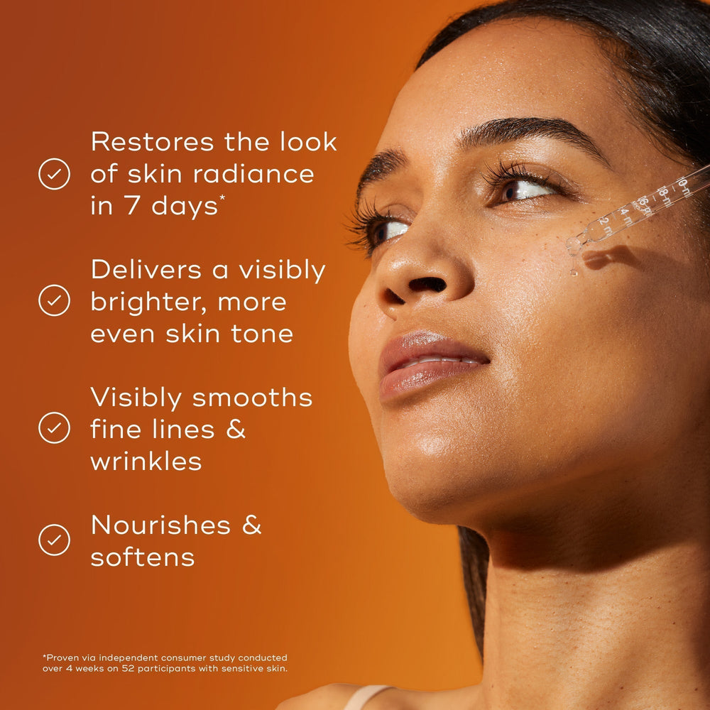Someone with clear skin uses Medik8's C-Tetra® (Travel Size) antioxidant serum, which restores radiance, brightens skin tone, smooths wrinkles, and nourishes. In a 4-week study of 52 people, it's perfect for those seeking visible anti-aging results.