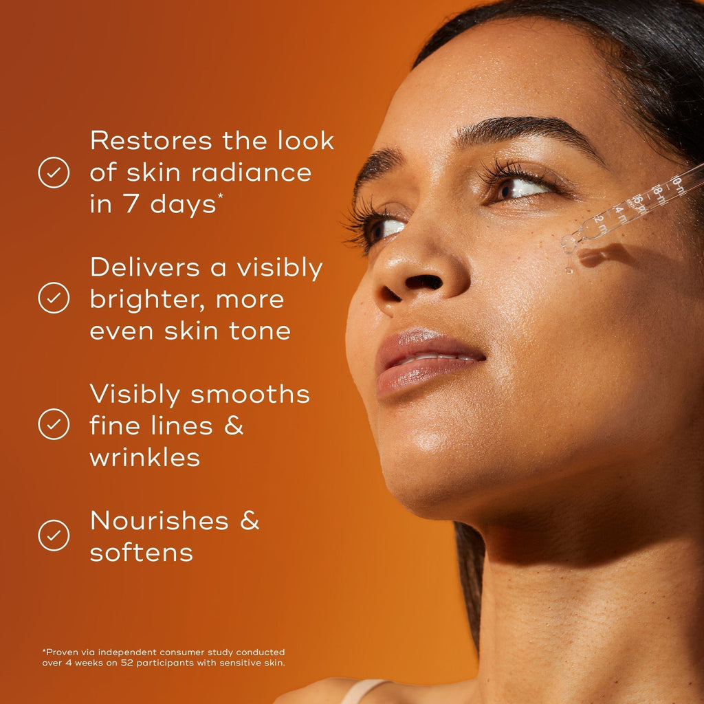 Someone with clear skin uses Medik8's C-Tetra® (Travel Size) antioxidant serum, which restores radiance, brightens skin tone, smooths wrinkles, and nourishes. In a 4-week study of 52 people, it's perfect for those seeking visible anti-aging results.