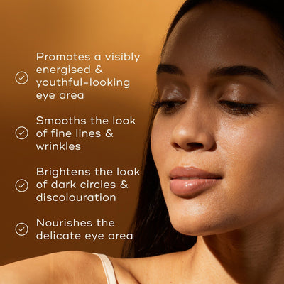 Under warm lighting, a person with smooth skin highlights Medik8's C-Tetra® Eye benefits, showcasing its ability to brighten dark circles and reduce fine lines and wrinkles.