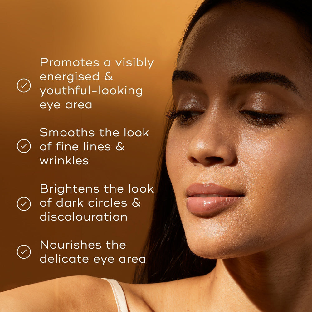 Under warm lighting, a person with smooth skin highlights Medik8's C-Tetra® Eye benefits, showcasing its ability to brighten dark circles and reduce fine lines and wrinkles.