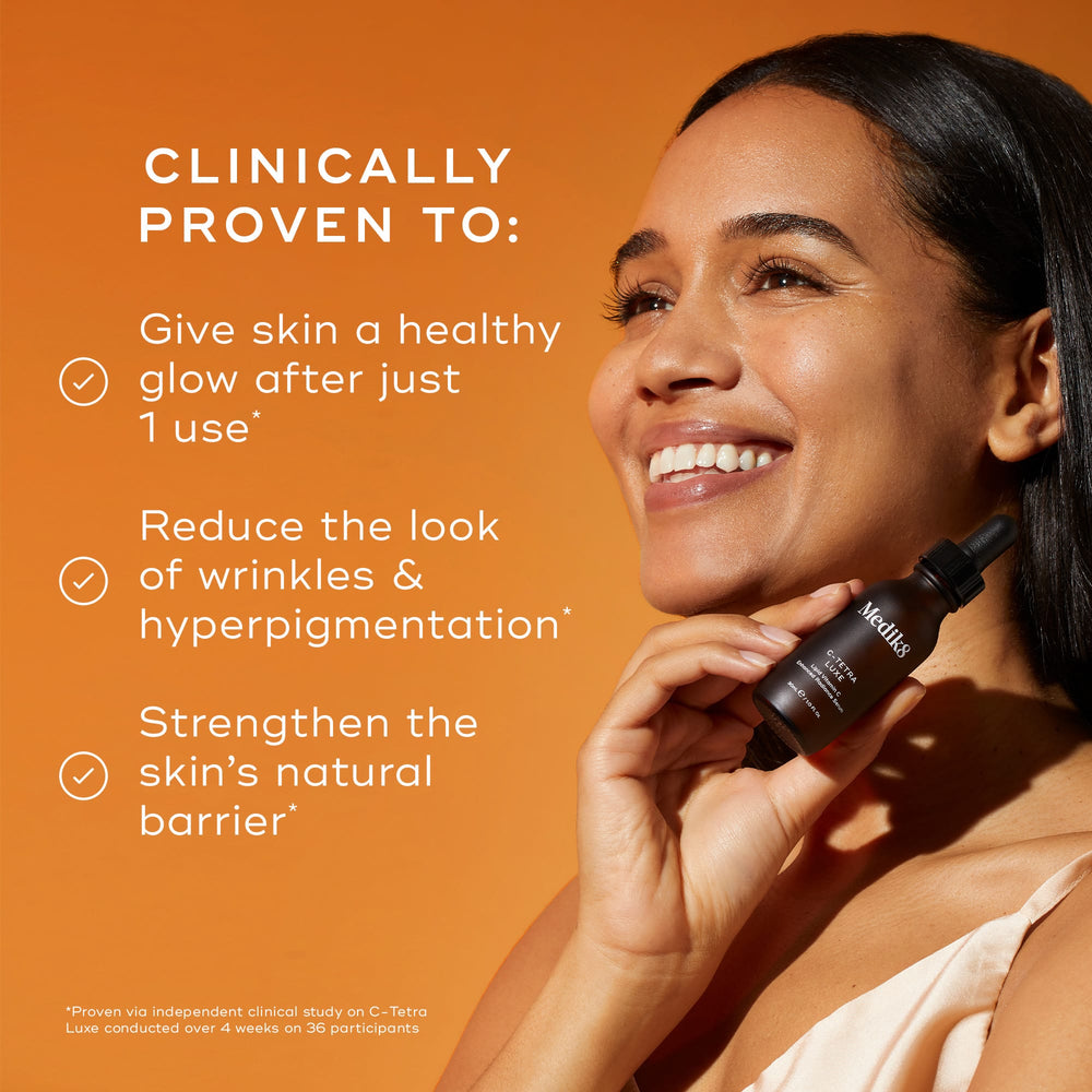 A smiling woman holds a C-Tetra® Luxe (Travel Size) bottle by Medik8 against an orange background. The text highlights benefits: glowing skin after one use, wrinkle and hyperpigmentation reduction, and strengthened skin barrier with radiance-boosting vitamin C.