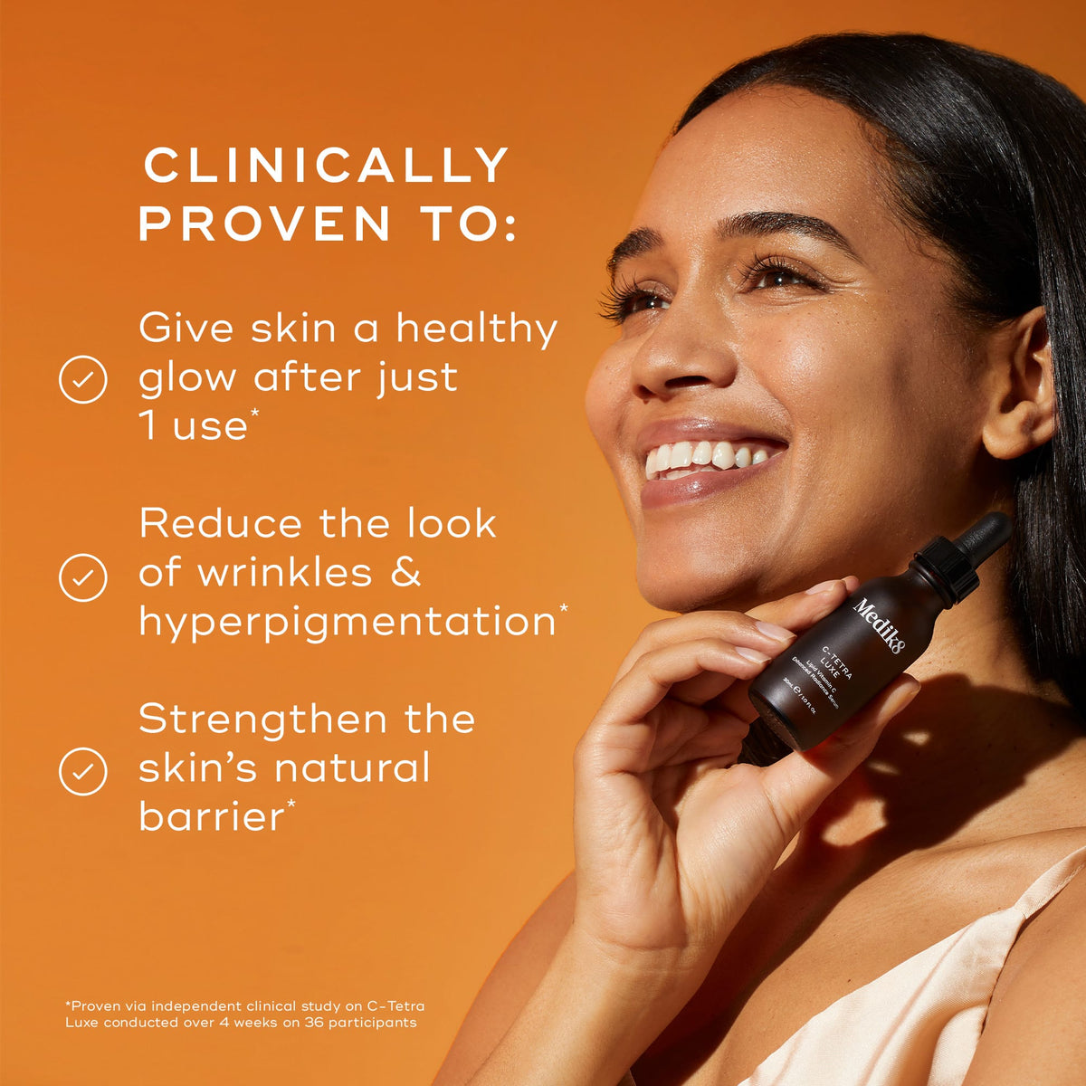 A smiling woman holds a C-Tetra® Luxe (Travel Size) bottle by Medik8 against an orange background. The text highlights benefits: glowing skin after one use, wrinkle and hyperpigmentation reduction, and strengthened skin barrier with radiance-boosting vitamin C.