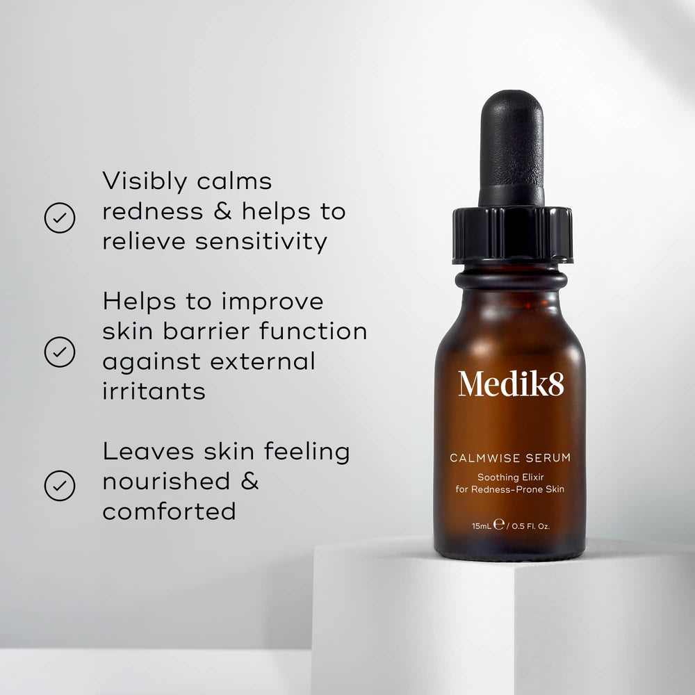 Medik8's Calmwise™ Serum, featuring a dropper and teprenone, soothes redness and sensitivity while offering anti-redness calming, skin barrier improvement, and nourishment benefits.