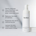 The white bottle of Calmwise™ Soothing Cleanser by Medik8 highlights its benefits for sensitive, red, and compromised skin: it removes impurities, reduces redness with a chlorophyll-infused formula, supports the barrier, and evens skin tone.