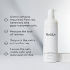 The white bottle of Calmwise™ Soothing Cleanser by Medik8 highlights its benefits for sensitive, red, and compromised skin: it removes impurities, reduces redness with a chlorophyll-infused formula, supports the barrier, and evens skin tone.