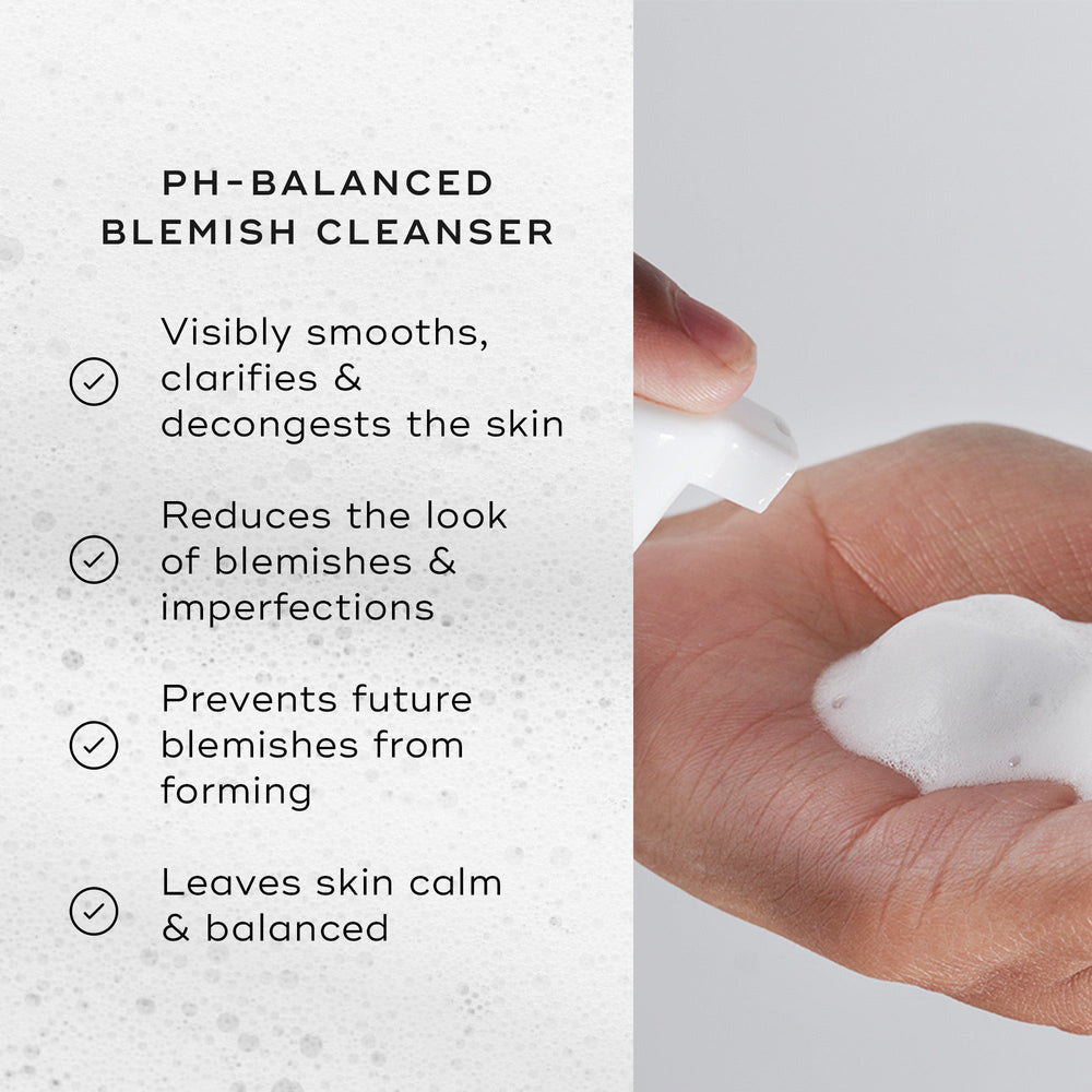 A hand dispenses Medik8's Clarifying Foam™ with AHAs, offering benefits like skin smoothing and clarification, blemish reduction, future blemish prevention, and leaving skin calm and balanced.