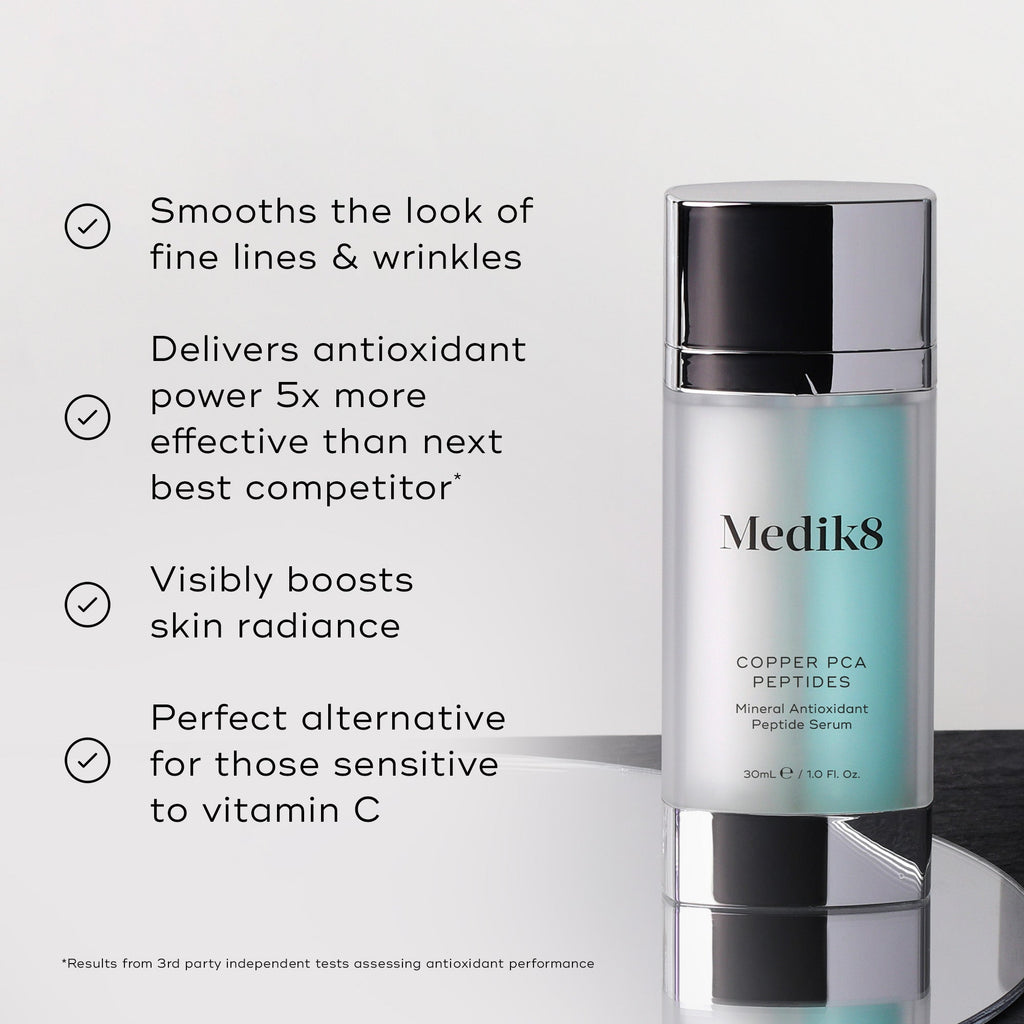 The Medik8 Copper PCA Peptides™ serum, with its potent antioxidant blend, smooths wrinkles and enhances skin radiance, providing an elegant, age-defying solution that's perfect for those sensitive to vitamin C.
