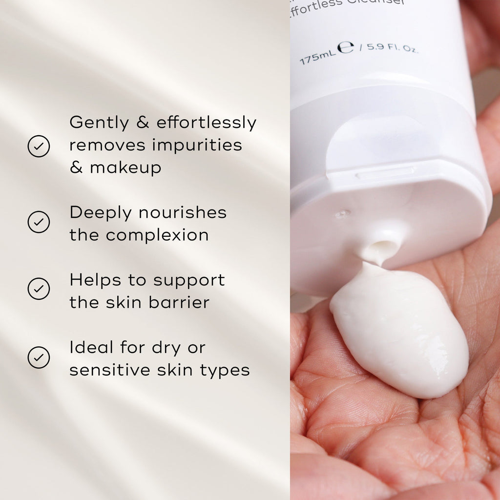 A person dispenses Cream Cleanse™ by Medik8 onto their hand. The text highlights its benefits: removing impurities, nourishing skin with a moisturizing cleanse, supporting the barrier, and being ideal for dry or sensitive skin.