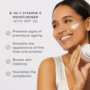 A smiling woman applies Medik8's Daily Radiance Vitamin C™, a 2-in-1 moisturizer with SPF 30. Text highlights benefits: prevents aging, smooths lines, boosts radiance, and nourishes skin with potent antioxidant protection.