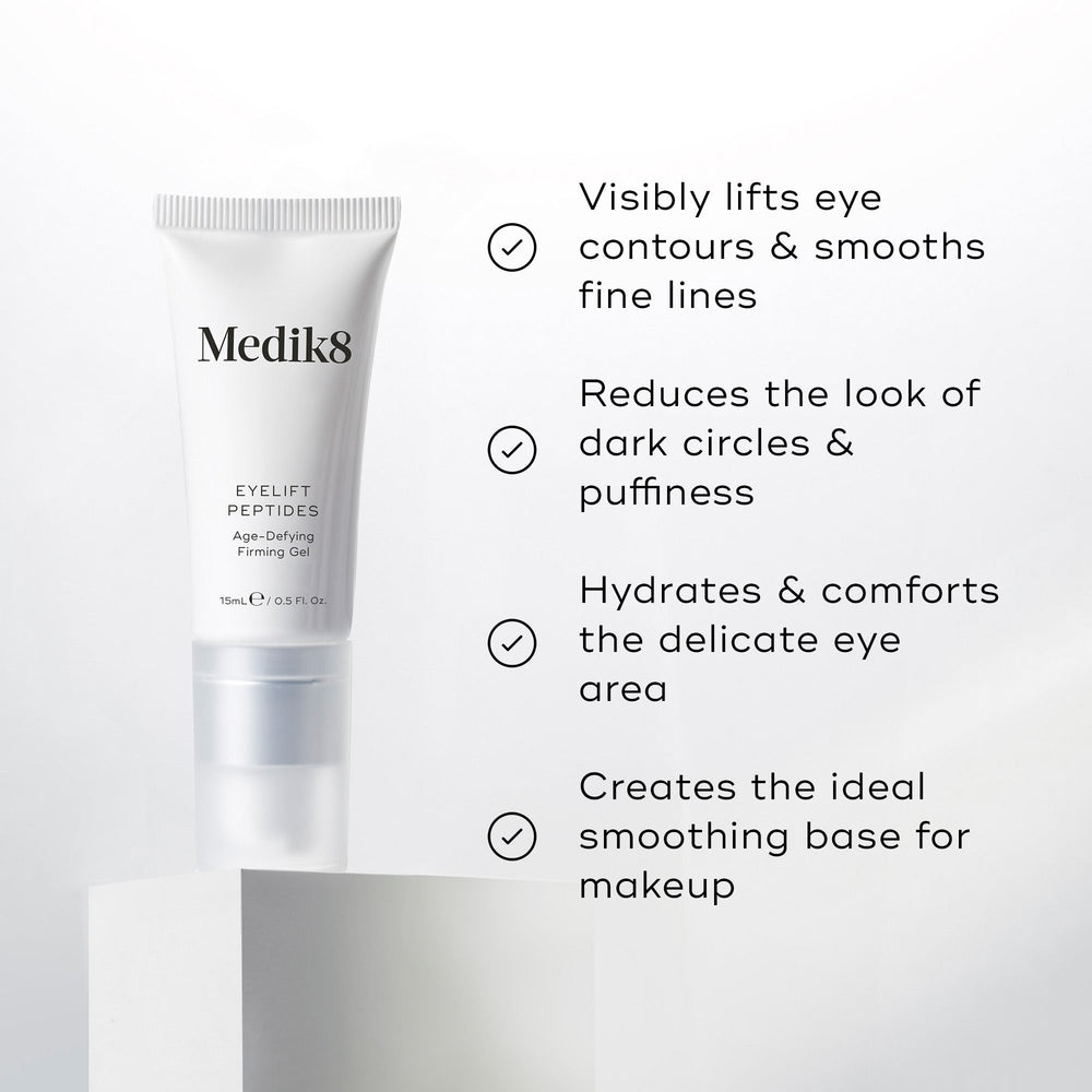 Medik8 Eyelift™ Peptides serum, known for lifting eye contours, reducing dark circles, hydrating the eye area, and creating a smoothing makeup base with its age-defying peptides.
