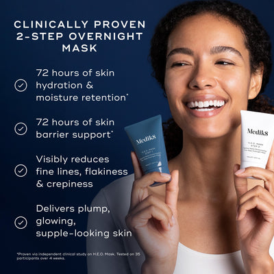 A person smiles while holding two Medik8 H.E.O.® Masks, showcasing their benefits as a 2-step overnight treatment: improved hydration, barrier support, reduced fine lines, and enhanced glow for visibly plump skin.
