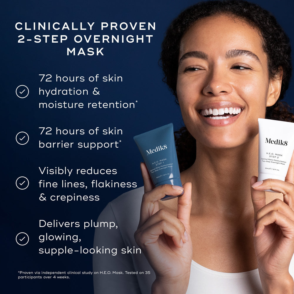 A person smiles while holding two Medik8 H.E.O.® Masks, showcasing their benefits as a 2-step overnight treatment: improved hydration, barrier support, reduced fine lines, and enhanced glow for visibly plump skin.