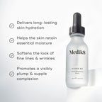 A bottle of Medik8's Hydr8 B5™ (Travel Size) appears alongside a list detailing its benefits: deep hydration, moisture retention, wrinkle reduction, and a supple complexion. This moisturizing serum is the ultimate solution for glowing skin.