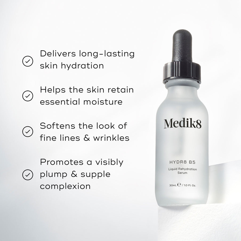 A bottle of Medik8's Hydr8 B5™ (Travel Size) appears alongside a list detailing its benefits: deep hydration, moisture retention, wrinkle reduction, and a supple complexion. This moisturizing serum is the ultimate solution for glowing skin.