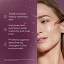 A person uses a dropper to apply Medik8's Hydr8 B5™ Intense to their face, highlighting benefits such as visibly hydrated skin, long-term improvement in hydration, and protection against environmental dehydration with superfood antioxidants.