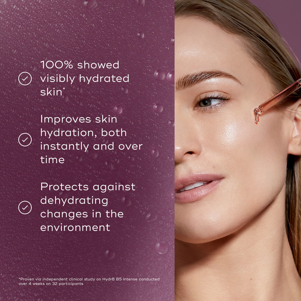 A person uses a dropper to apply Medik8's Hydr8 B5™ Intense to their face, highlighting benefits such as visibly hydrated skin, long-term improvement in hydration, and protection against environmental dehydration with superfood antioxidants.