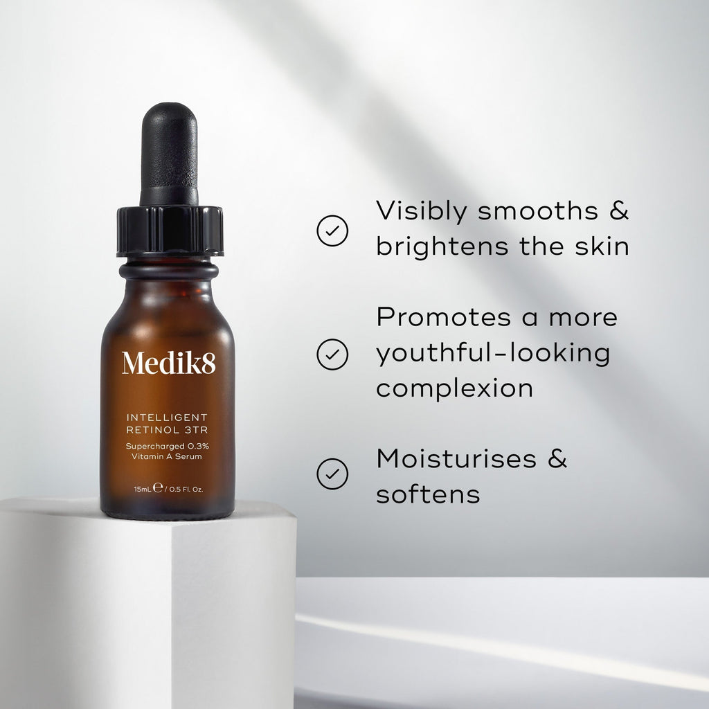A Medik8 Intelligent Retinol™ 3TR (Travel Size) dropper bottle is next to a list of benefits: smoothing skin, promoting youthful appearance, and moisturizing.