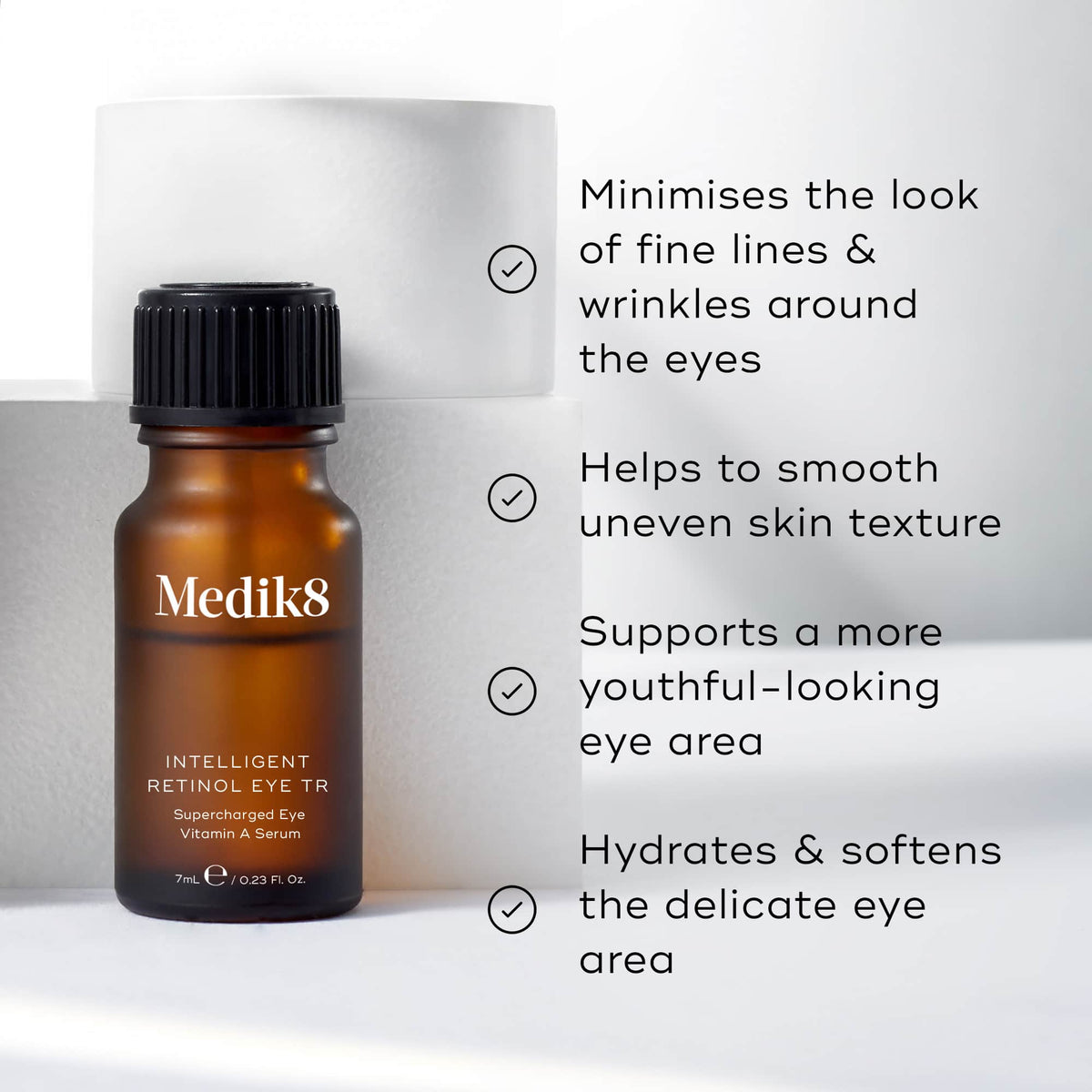 The Medik8 Intelligent Retinol Eye TR™ serum bottle is shown with text highlighting its benefits: minimizing fine lines, smoothing texture, supporting youthful eyes, hydrating, and softening. Enhanced with climbazole for boosted results.