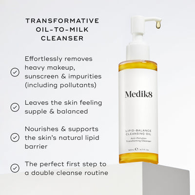 The bottle of Lipid-Balance Cleansing Oil™ by Medik8 highlights its benefits, including makeup removal and skin nourishment, with anti-pollution technology to support natural lipid barriers.