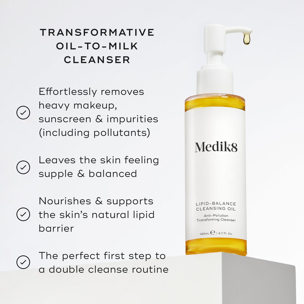 The bottle of Lipid-Balance Cleansing Oil™ by Medik8 highlights its benefits, including makeup removal and skin nourishment, with anti-pollution technology to support natural lipid barriers.