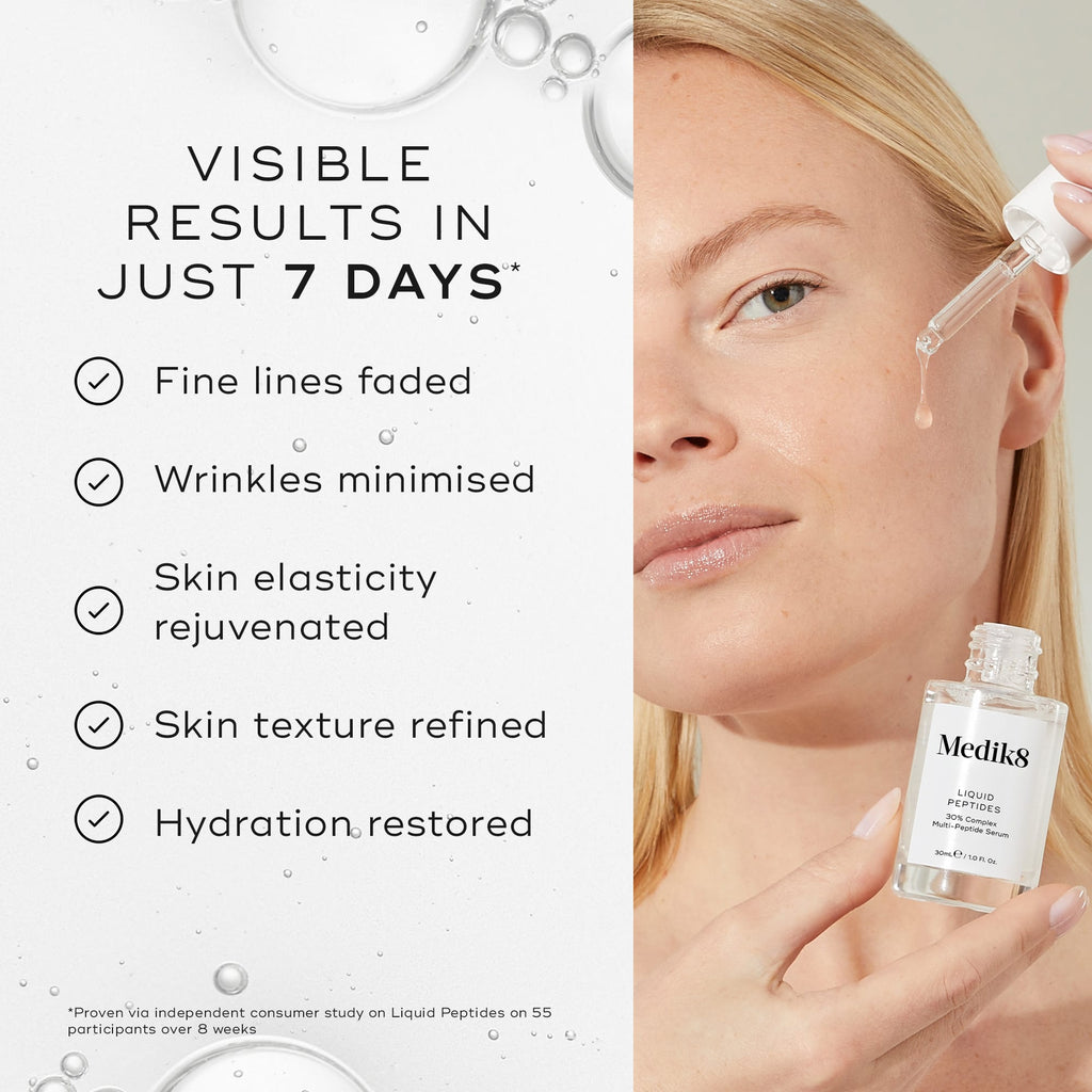 A woman applies Liquid Peptides™ (Travel Size) by Medik8 to her face with a dropper. In just 7 days, this peptide cocktail visibly fades fine lines, minimizes wrinkles, improves skin elasticity, refines texture, and restores hydration.