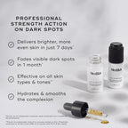 Two Medik8 Oxy-R Peptides™ bottles sit on a white surface with a dropper. The text emphasizes the benefits: brighter skin in 7 days, dark spots fading in 1 month, compatibility with all skin types, and excellent hydration.