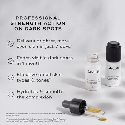 Two Medik8 Oxy-R Peptides™ bottles sit on a white surface with a dropper. The text emphasizes the benefits: brighter skin in 7 days, dark spots fading in 1 month, compatibility with all skin types, and excellent hydration.