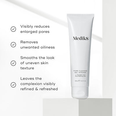A white tube of Medik8 Pore Cleanse Gel™ Intense rests on a light surface, showcasing its benefits: this exfoliating gel cleanser with AHA/BHA complex minimizes pores, reduces oiliness, smooths skin texture, and refines complexion for radiant skin.