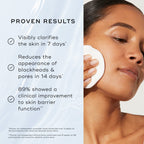 A woman uses Medik8's Press & Clear™, a BHA toner promising clearer skin in 7 days. Perfect for blemish-prone skin, it also strengthens the skin barrier within 28 days.