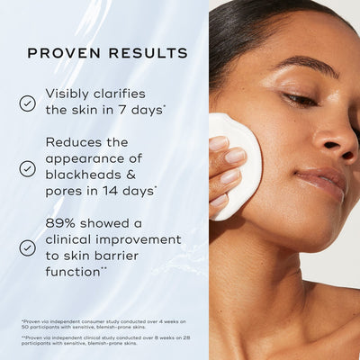 A woman uses Medik8's Press & Clear™, a BHA toner promising clearer skin in 7 days. Perfect for blemish-prone skin, it also strengthens the skin barrier within 28 days.