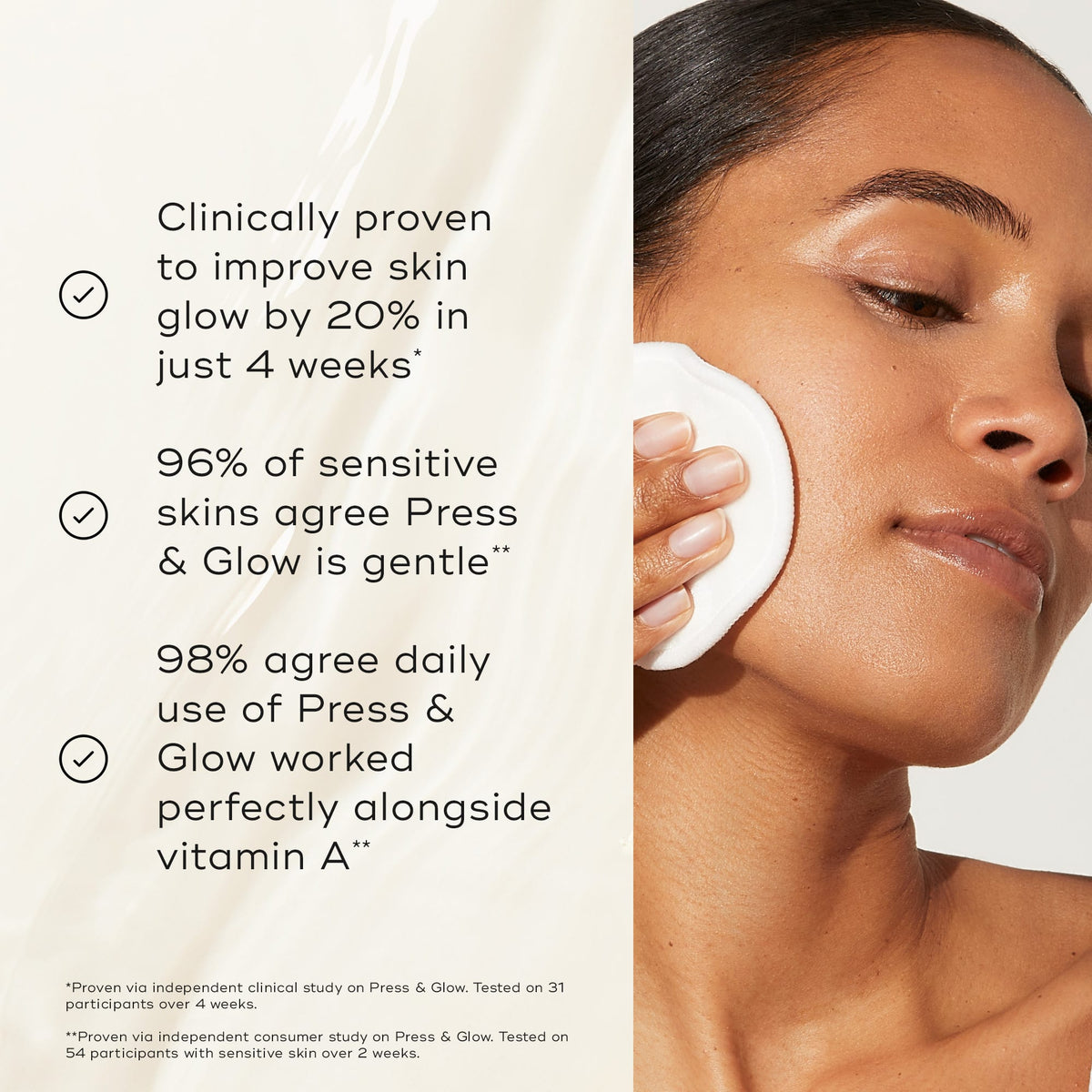 A woman uses a cotton pad to apply Medik8's Press & Glow™ (Travel Size), noting its benefits: enhanced skin glow, gentle on sensitive skin, and effective with vitamin A and exfoliating poly hydroxy acids.