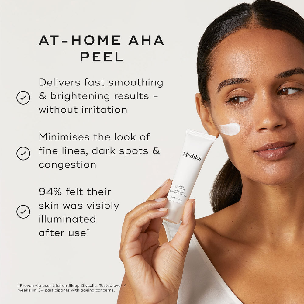 Using Medik8's Sleep Glycolic™ from a tube, users experience an at-home AHA peel that smooths, brightens, and revitalizes skin with glycolic acid while reducing fine lines and dark spots for a rejuvenated complexion.