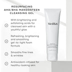 A tube of Medik8 Surface Radiance Cleanse™ with AHA/BHA complex is set against a white background, showcasing its exfoliating benefits like skin brightening, smoothing, and antioxidant infusion for radiant skin.